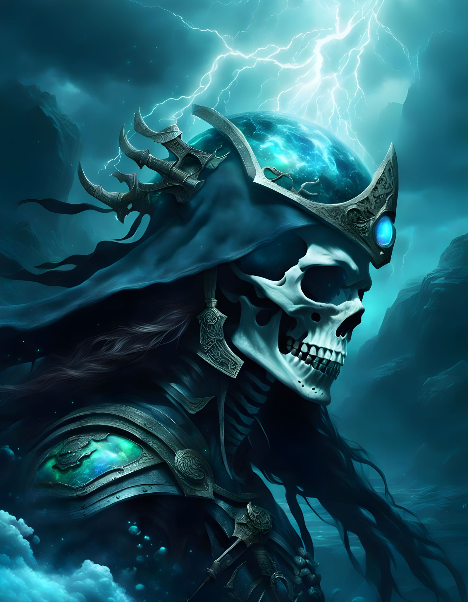 Skeletal Warrior Rides the Cosmic Thunderstorm