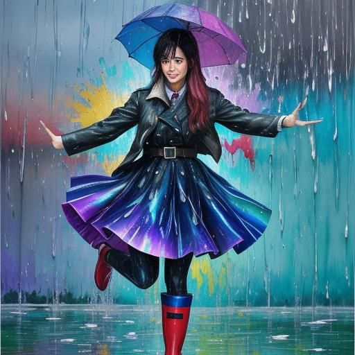 Colorful Rain Boots in Puddles, Neo-Expressionist Oil Painti...