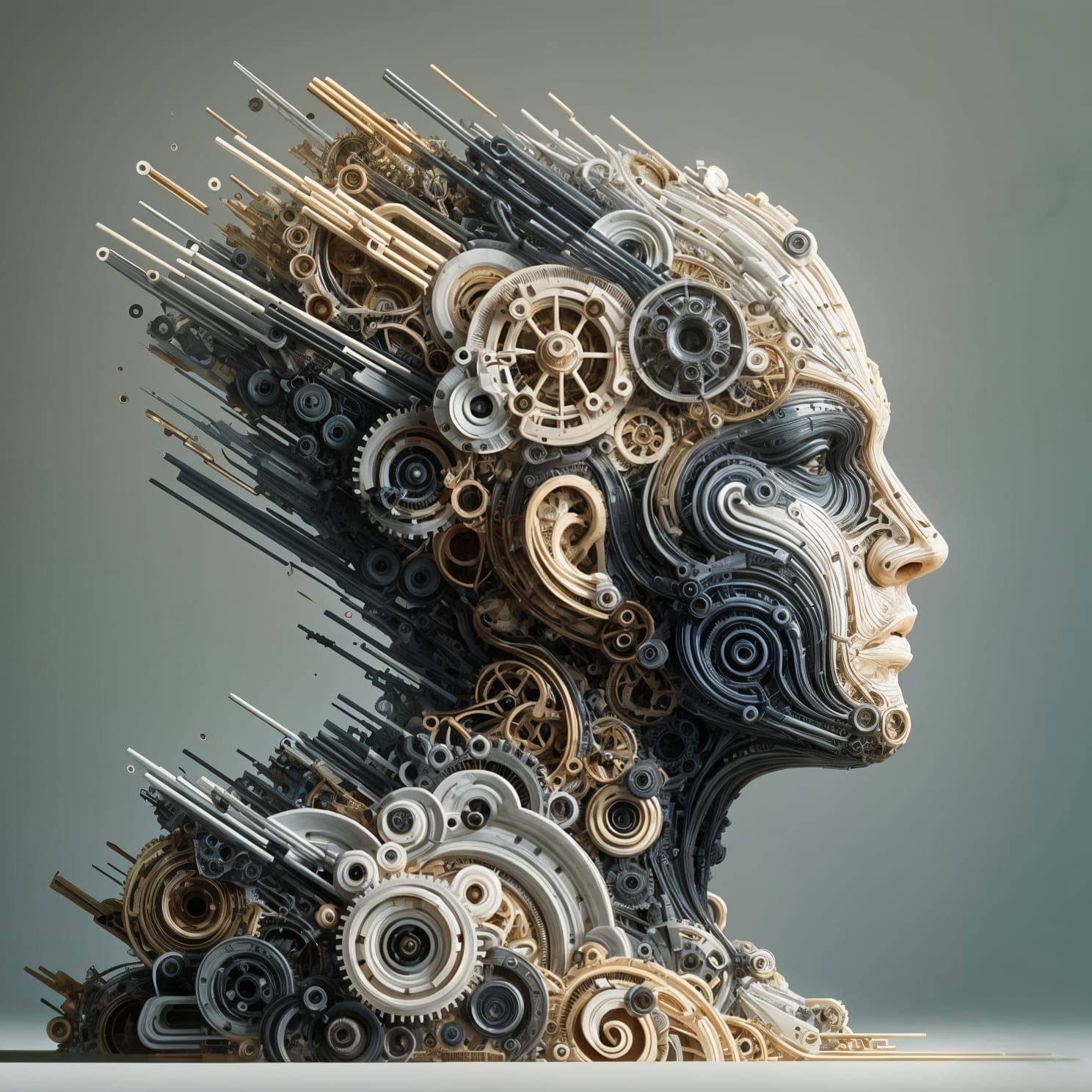 A detailed abstract sculpture of a head and neck in slight profile...