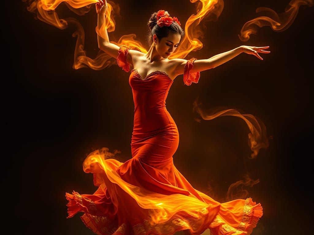 Flamenco Dancer with Fiery Dress in Dynamic Motion