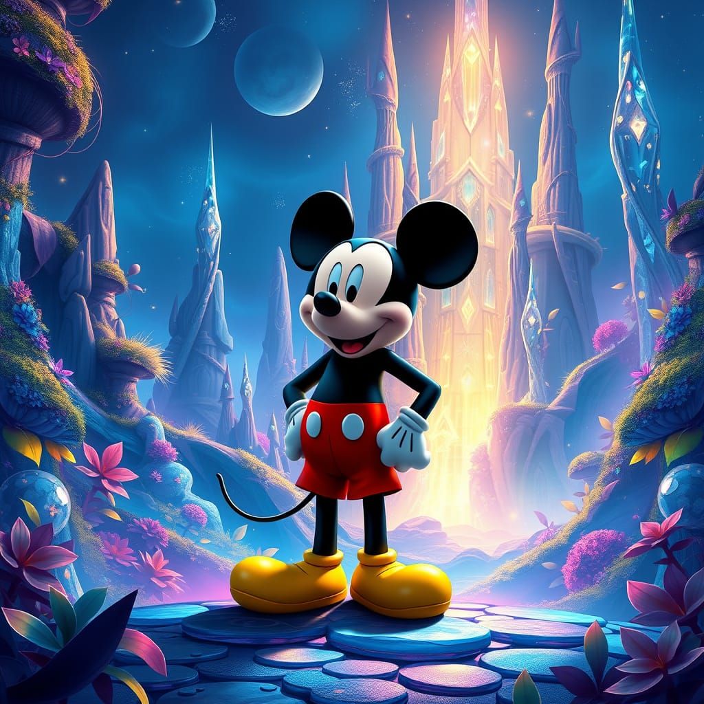 Majestic Mickey Mouse in Vibrant Dreamlike Landscape