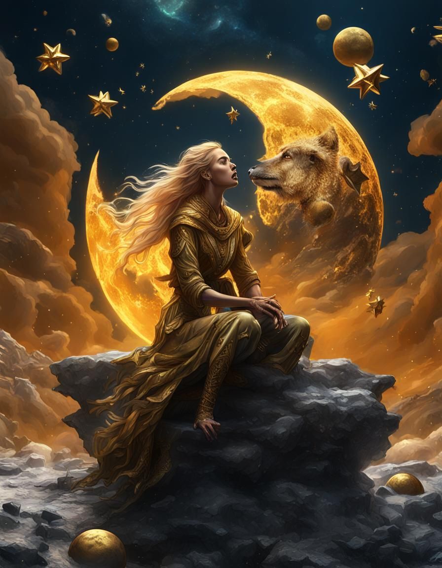 Golden Woman on Melting Moon: Fantasy Concept Art
