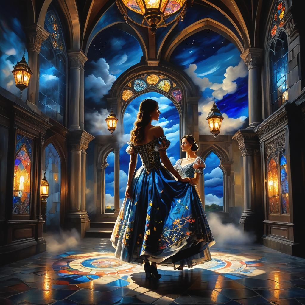 Woman in Ornate Dress Before Castle, Fantasy Realism