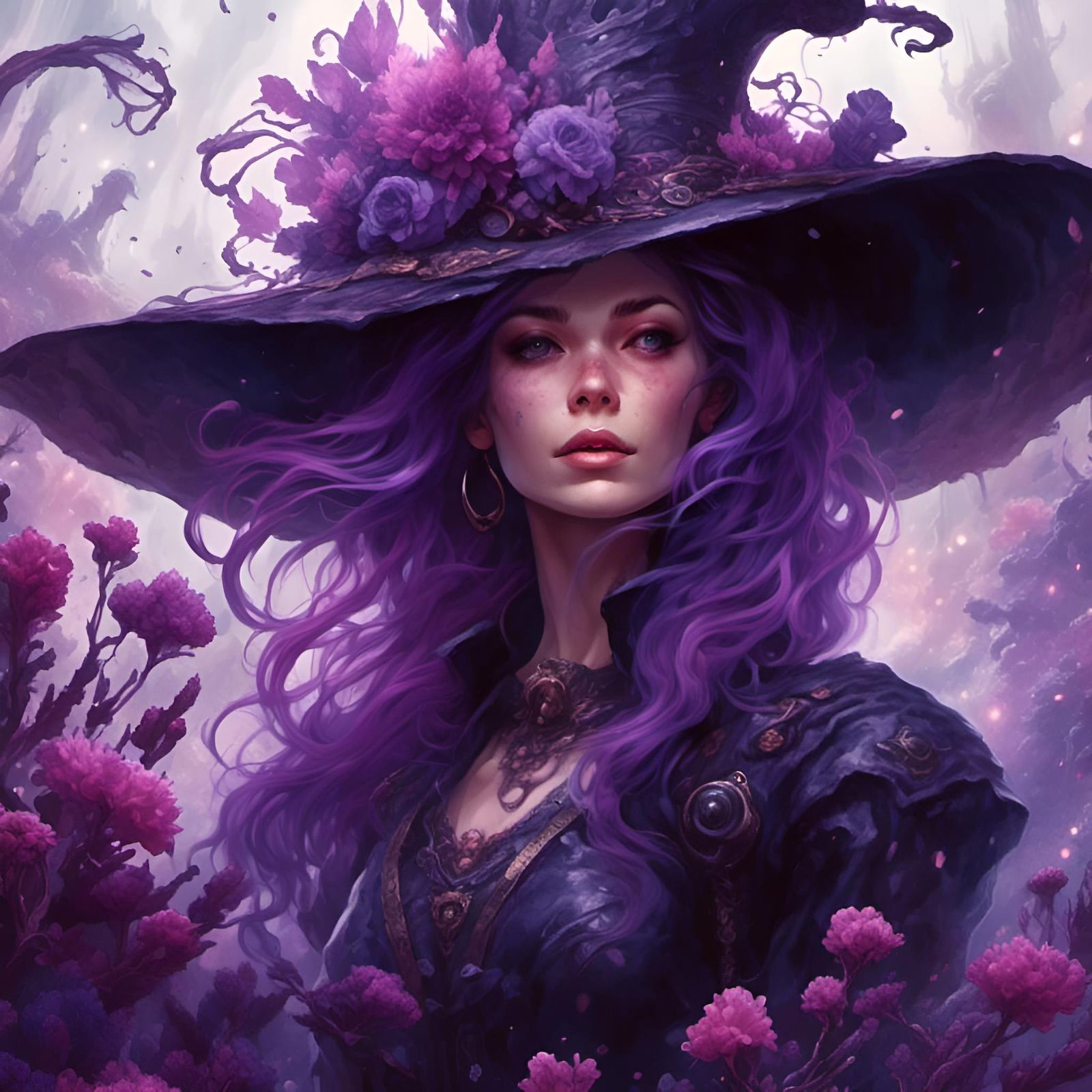 Watercolor Witch with Purple Hair and Flowers