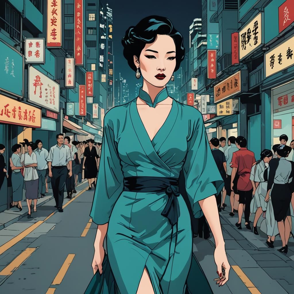Hong Kong Woman in Qipao: Patrick Nagel Illustration