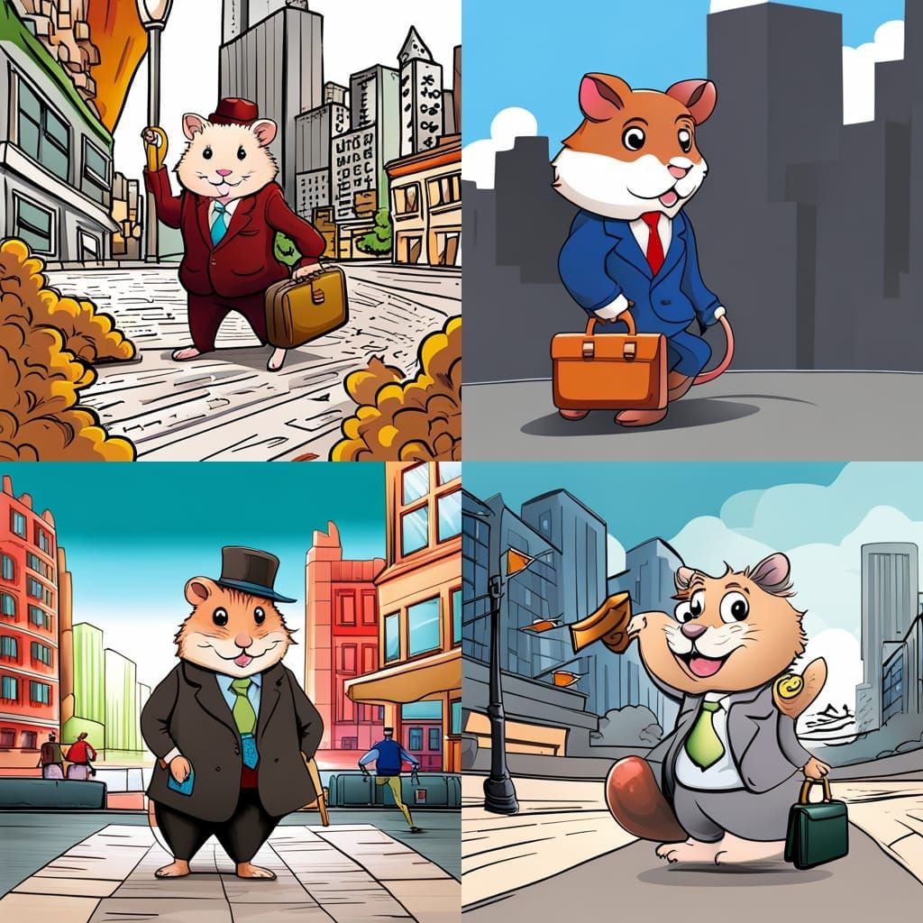 Hamster Businessman in City: Black and White Cartoon