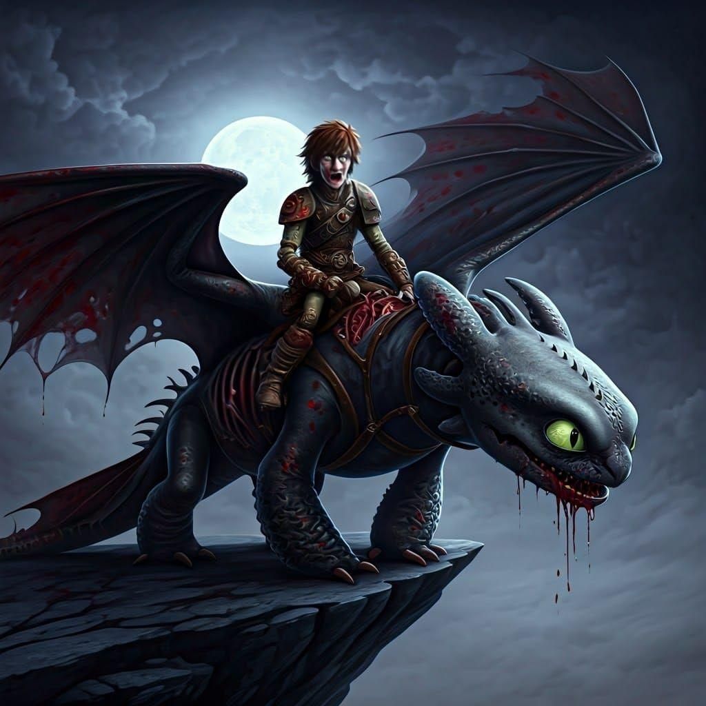 Zombie Hiccup and Toothless in Dramatic Digital Painting