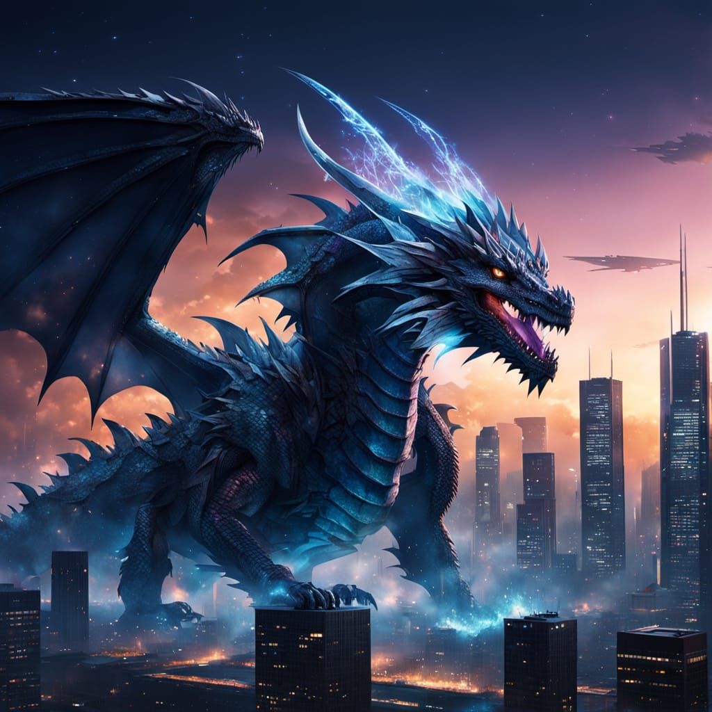 Colossal Dragon of Smoke and Mirrors Over Future City