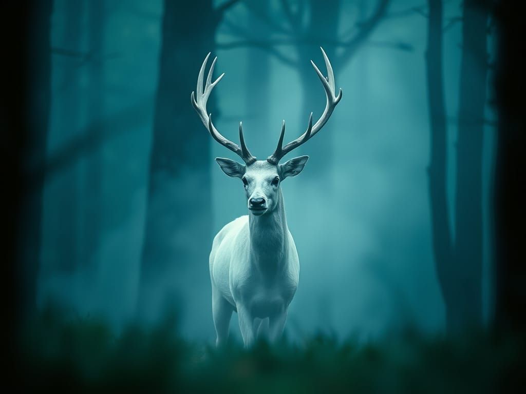 Majestic White Stag in Misty Forest