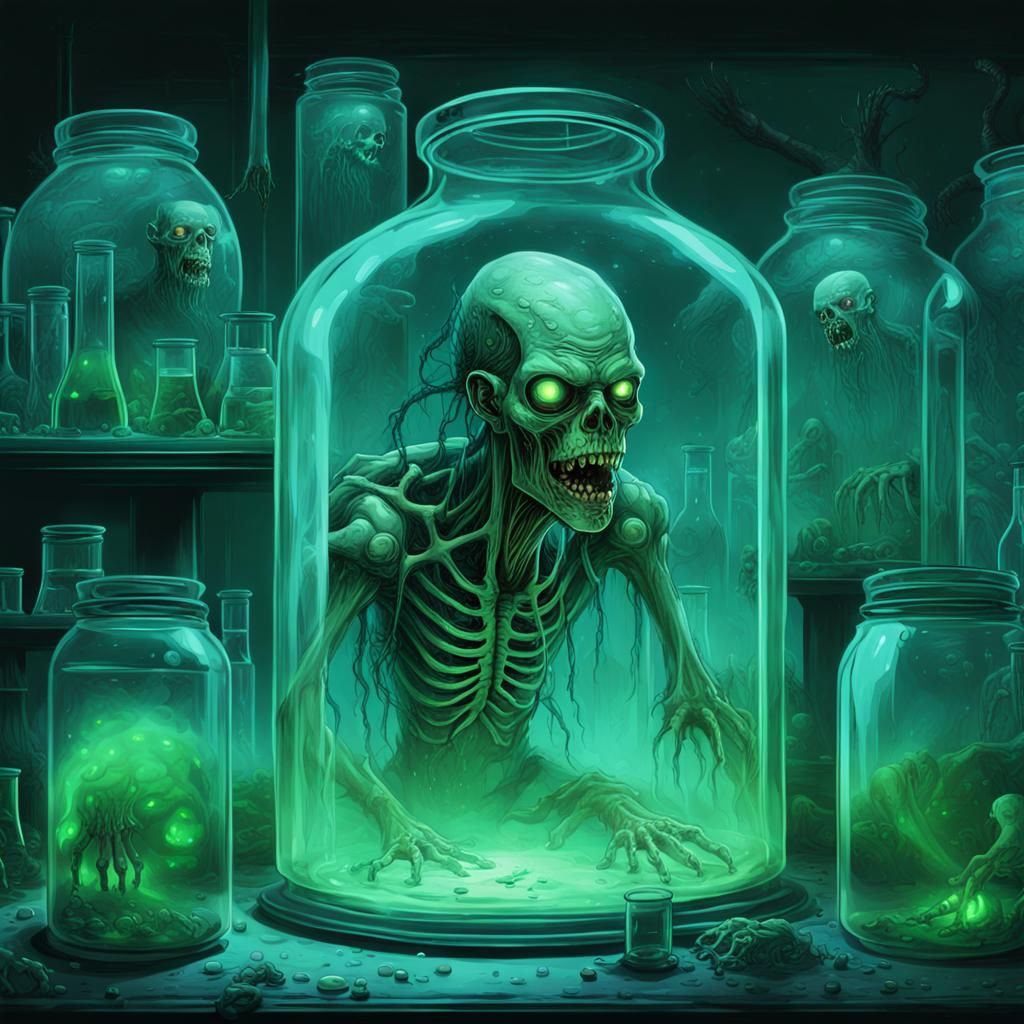 Bioluminescent Zombie in Jar: Horror Concept Art