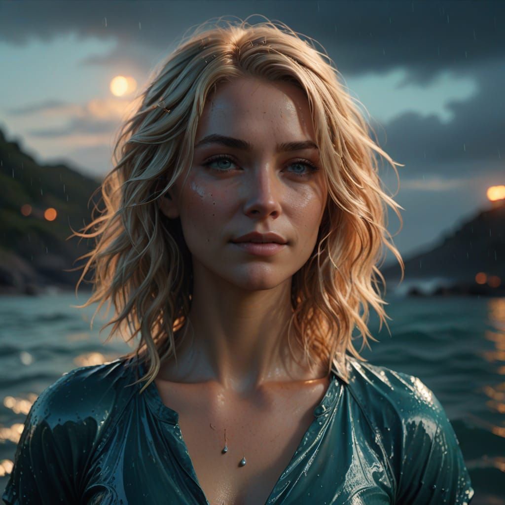 Woman Emerging from Ocean in Cinematic Film Still