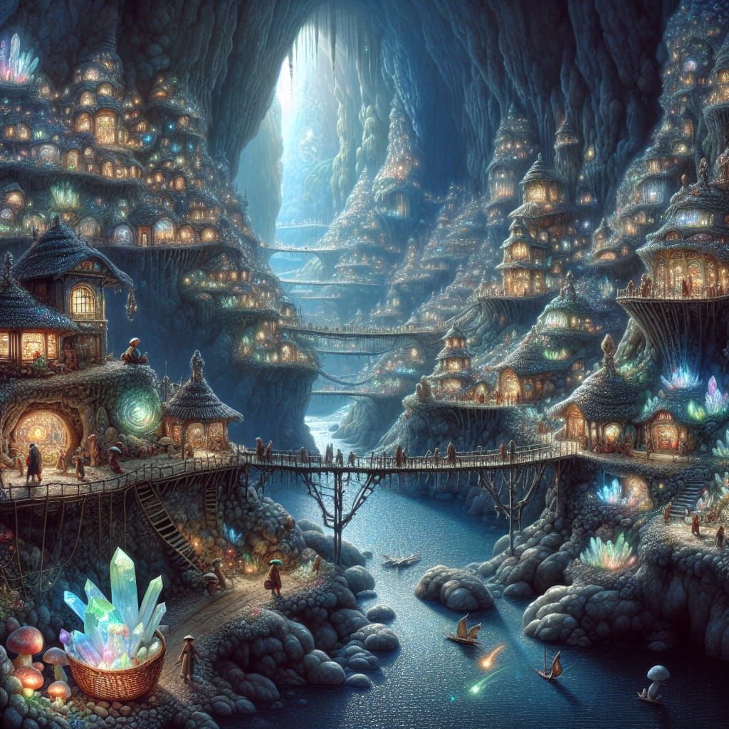 Mystical Underground Village with Glowing Crystals