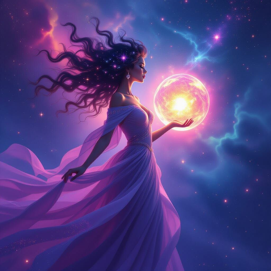 Cosmic Goddess Emerging from Nebula in Mystical Realism
