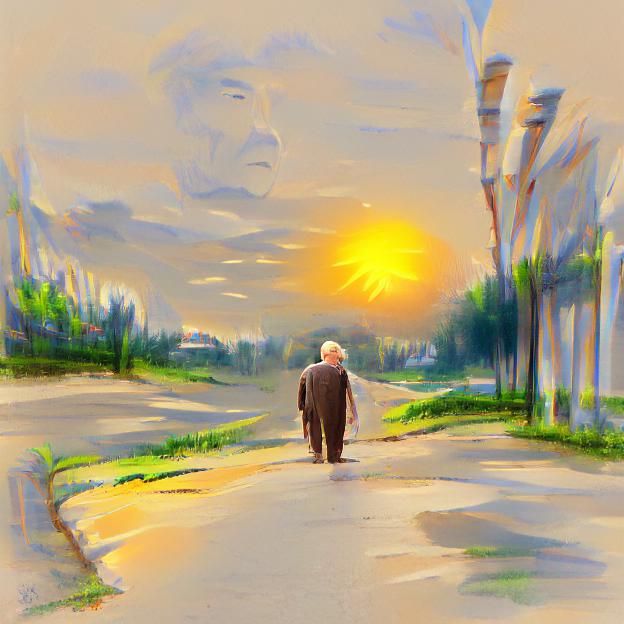 Old Man Walks Towards Sunrise on Road