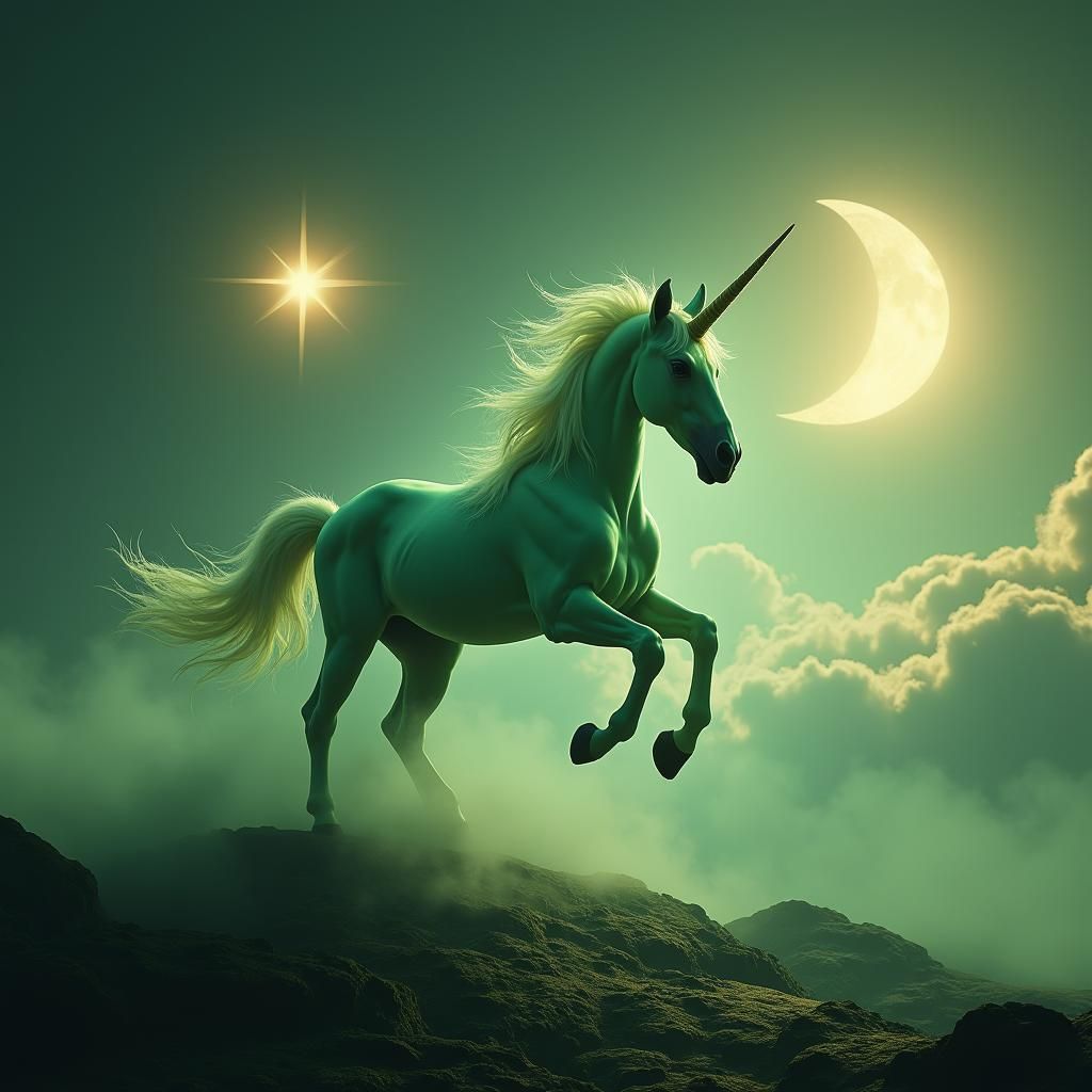 Green Unicorn Over Exotic Planet in Sci-Fi Style