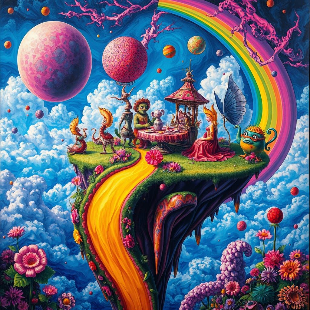 Psychedelic Tea Party on Floating Island: Surreal Art
