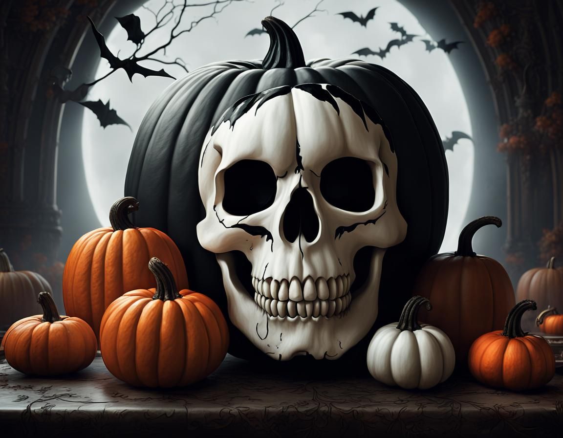 Halloween Pumpkins Carved with Skulls, Cats, and Witches
