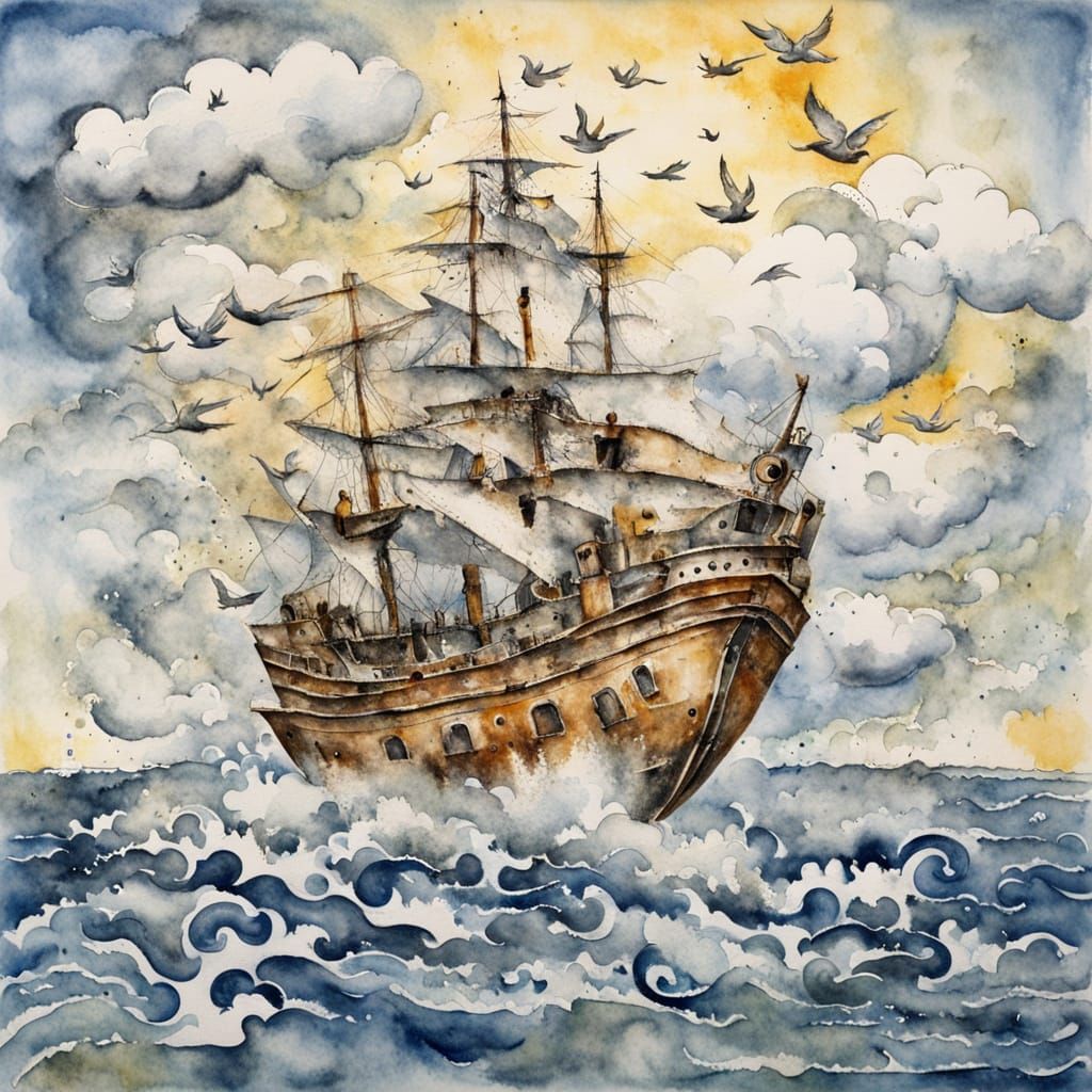 Whimsical Ship Led by Seagulls in Watercolor Style