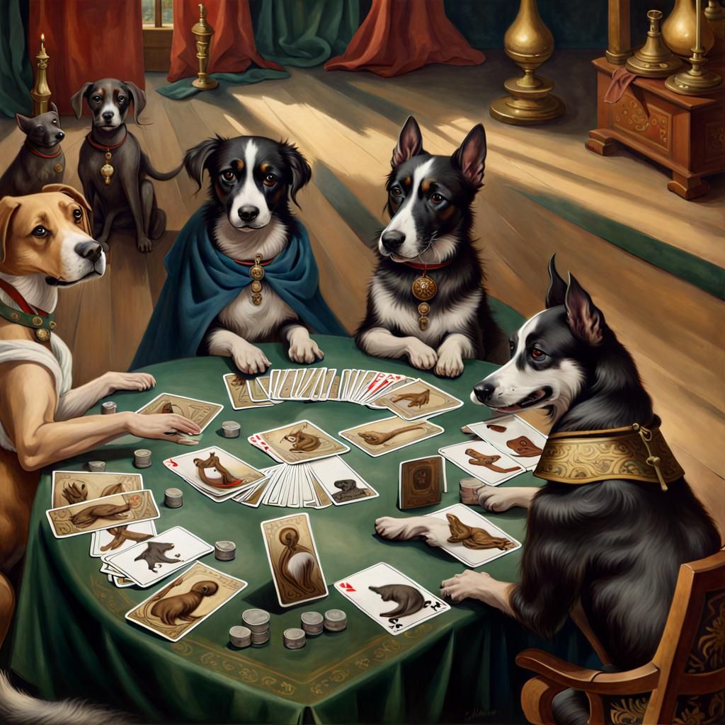 Dogs Playing Tarot Cards in Antique Style