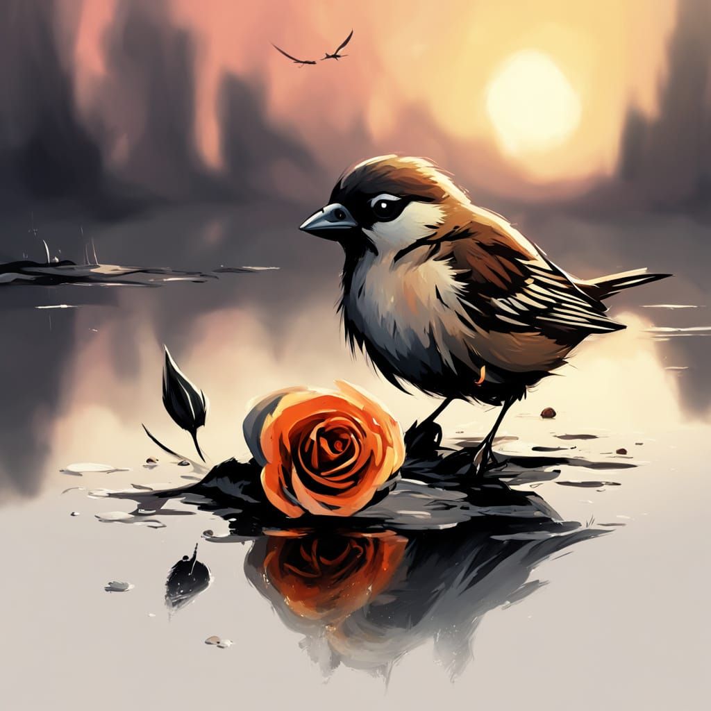 Baby Sparrow with Rose and Letter, Fantasy Concept Art