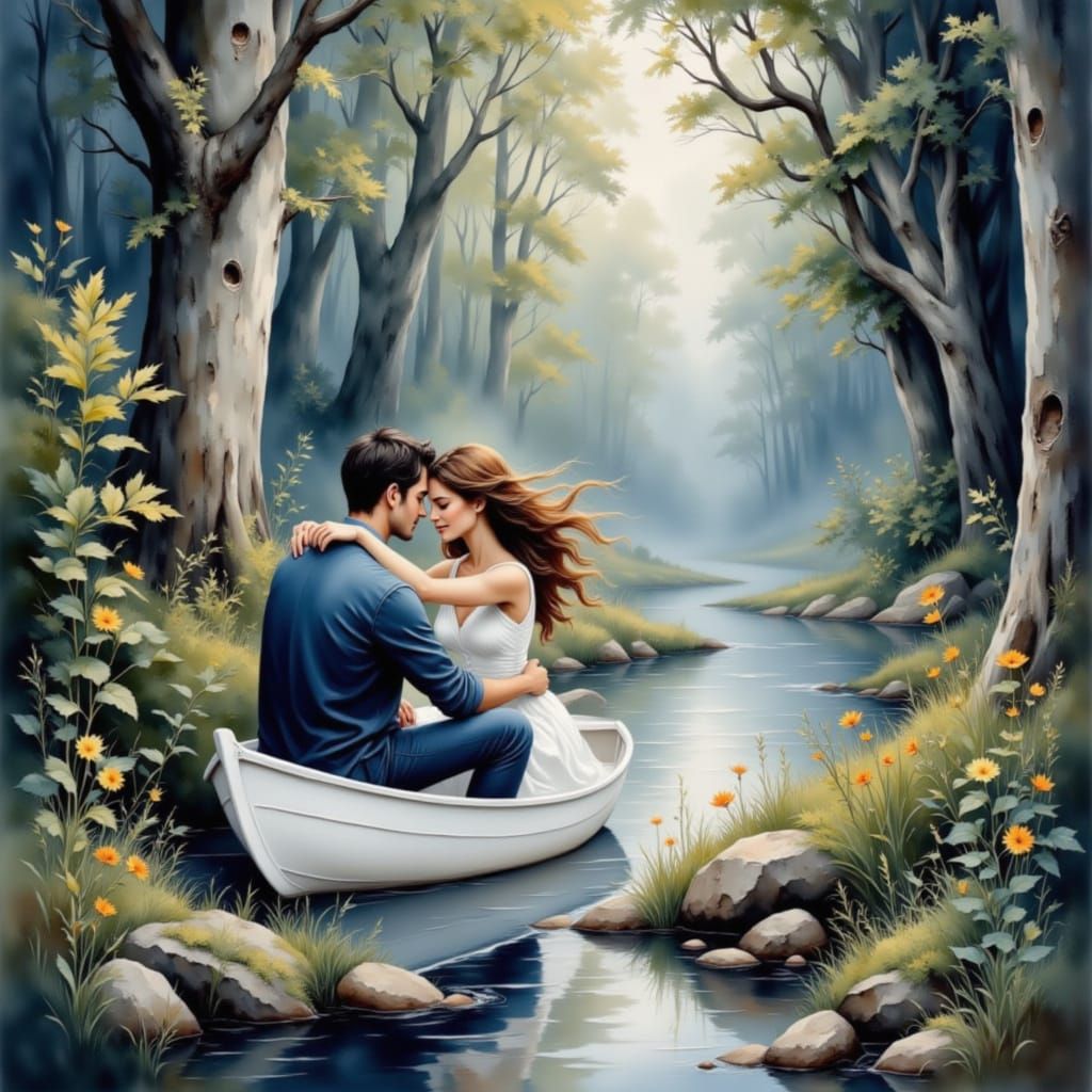 Couple in Boat Through Misty Forest Watercolor