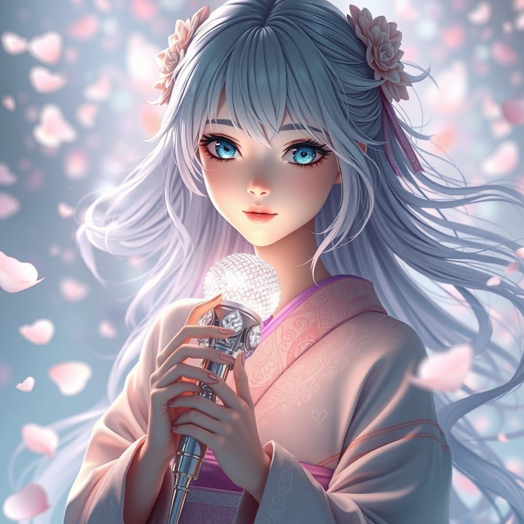 Surreal Anime Goddess Serenades with Crystal Microphone