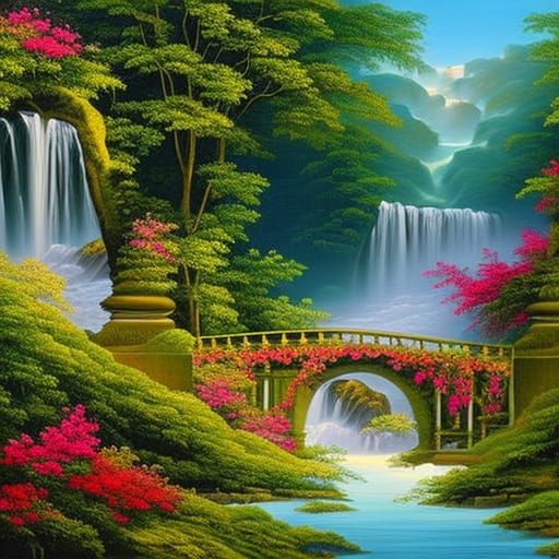 Peonies and Stone Bridge in Lush Tropical Forest Oil Paintin...