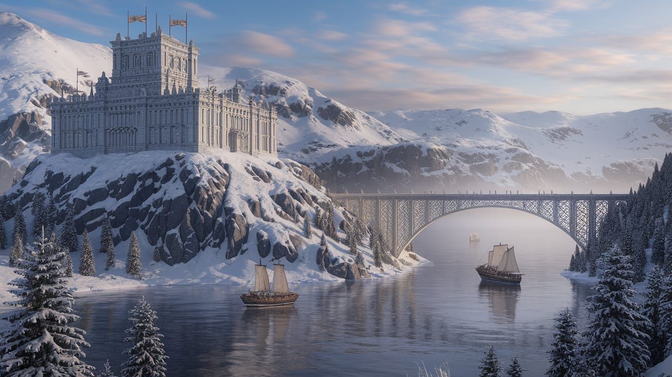 Fantasy Castle on Snowy Mountain with Intricate Bridge