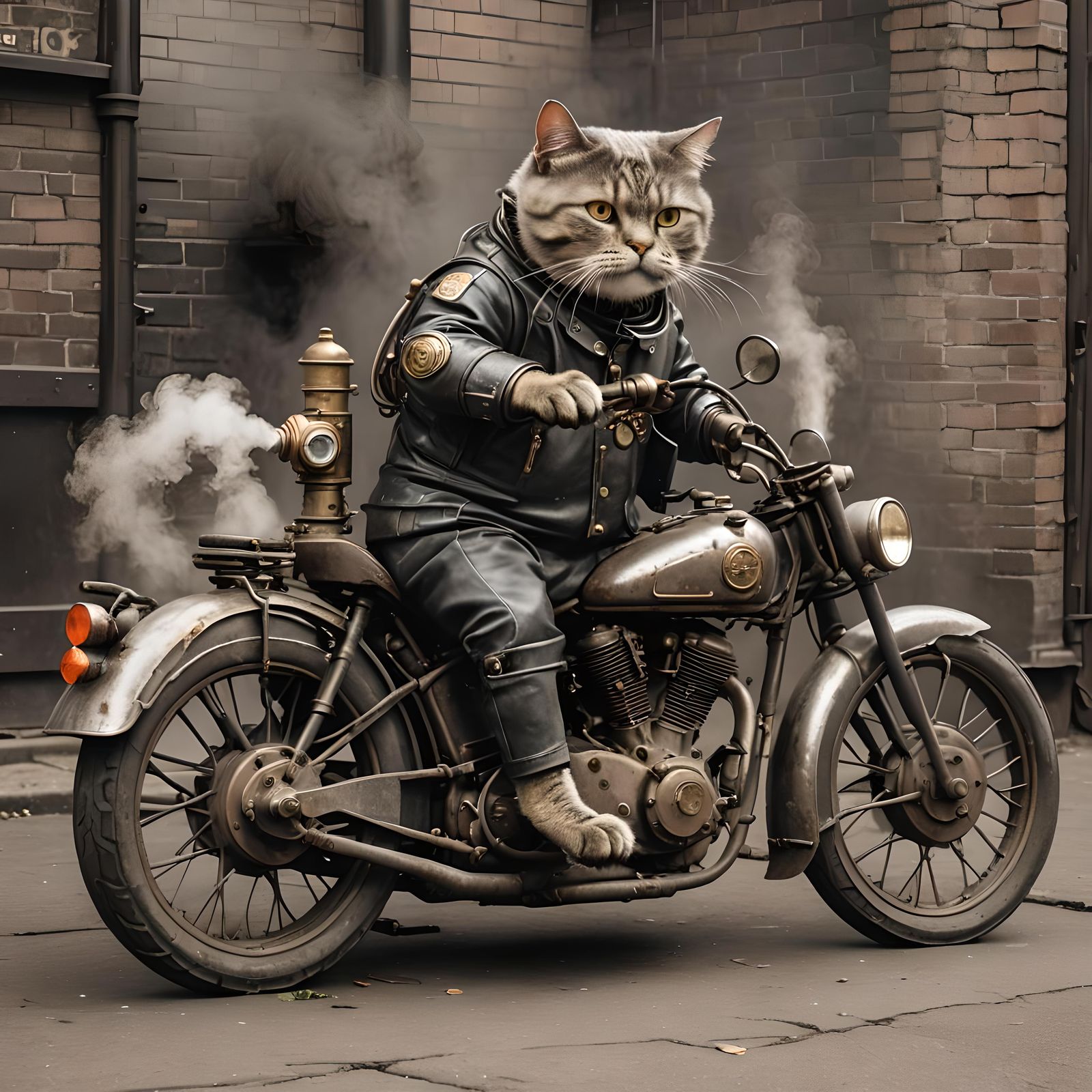 Steam Pump Cat on Motorcycle