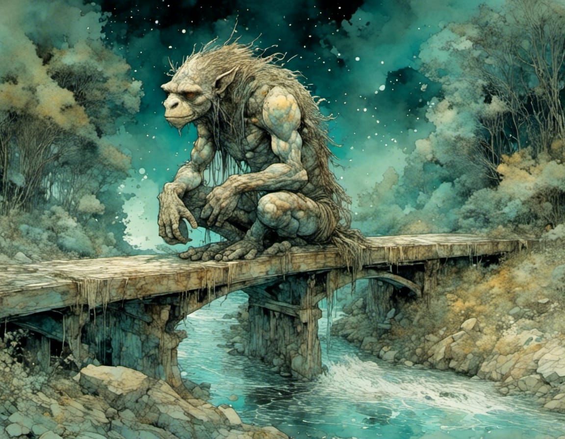 Polychromous Troll Guarding Bridge at Night