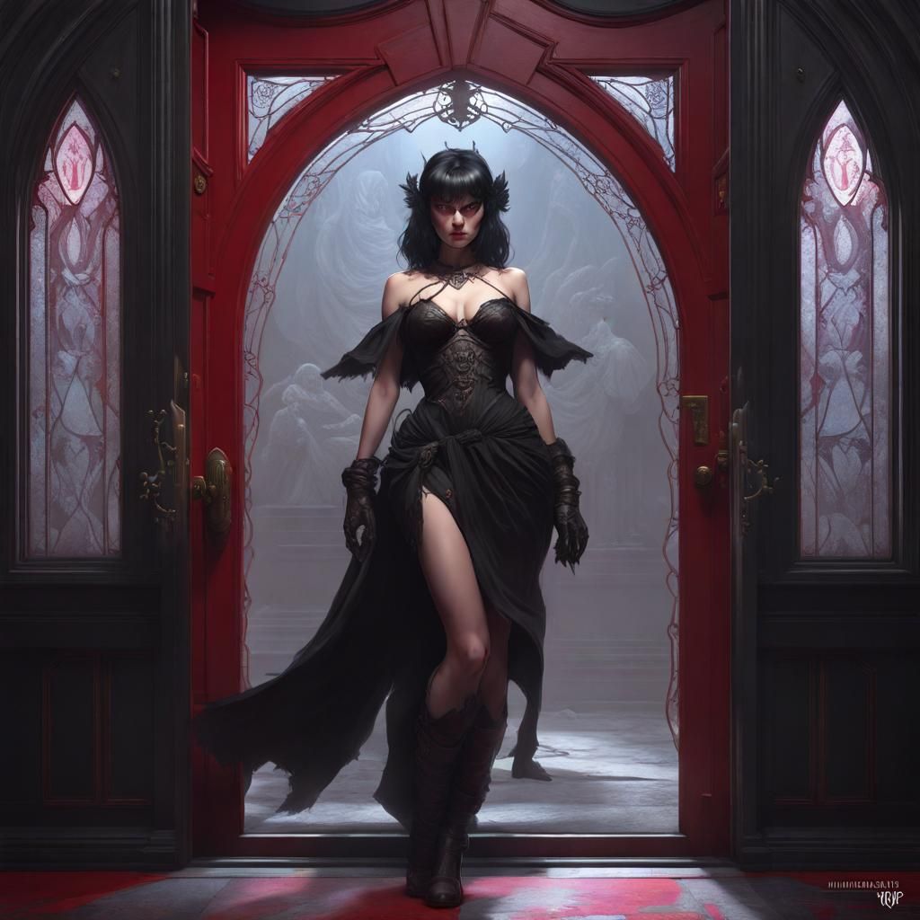 Gothic Portrait Behind Crimson Door, Hyperdetailed Art