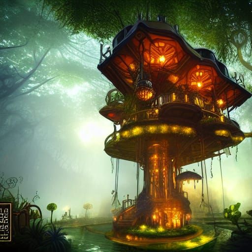 Steampunk Jungle Treehouse in Orange Fog