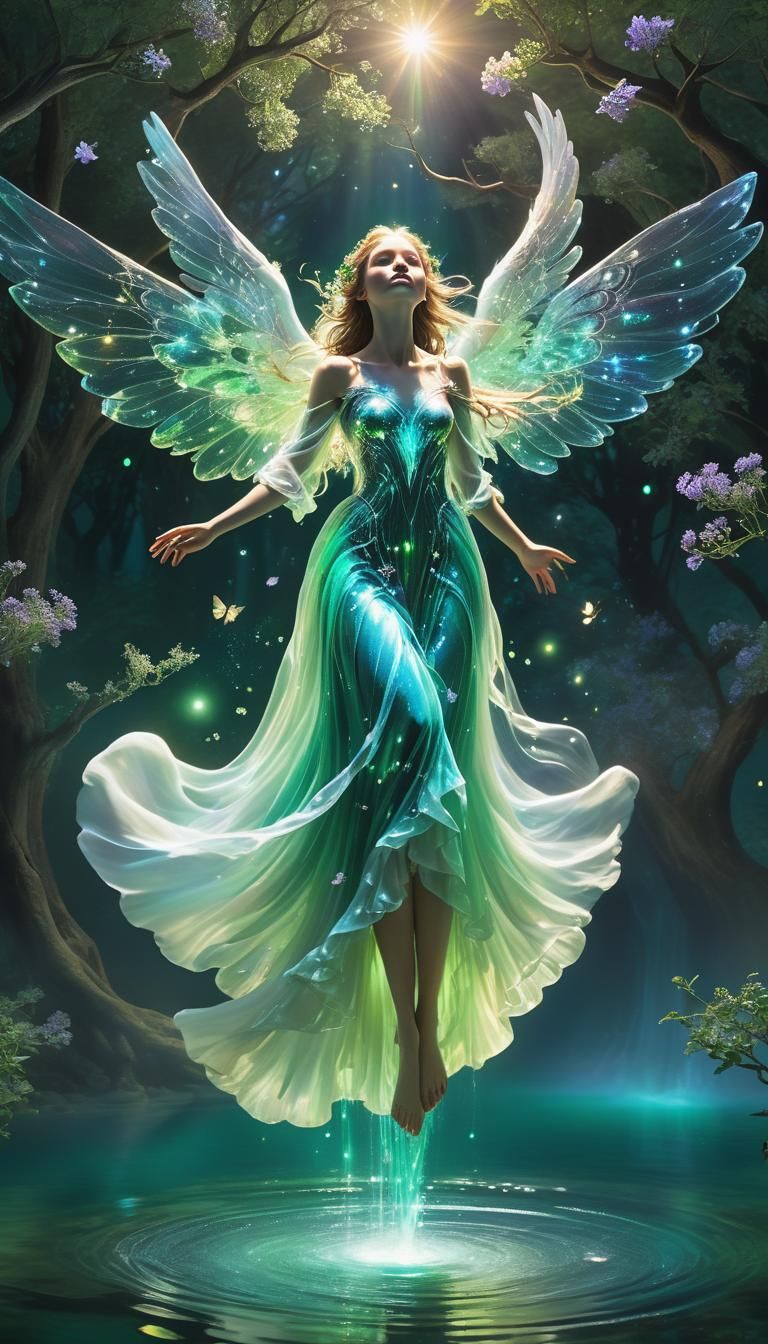 Luminous Angel with Crystalline Wings in Synthwave Style