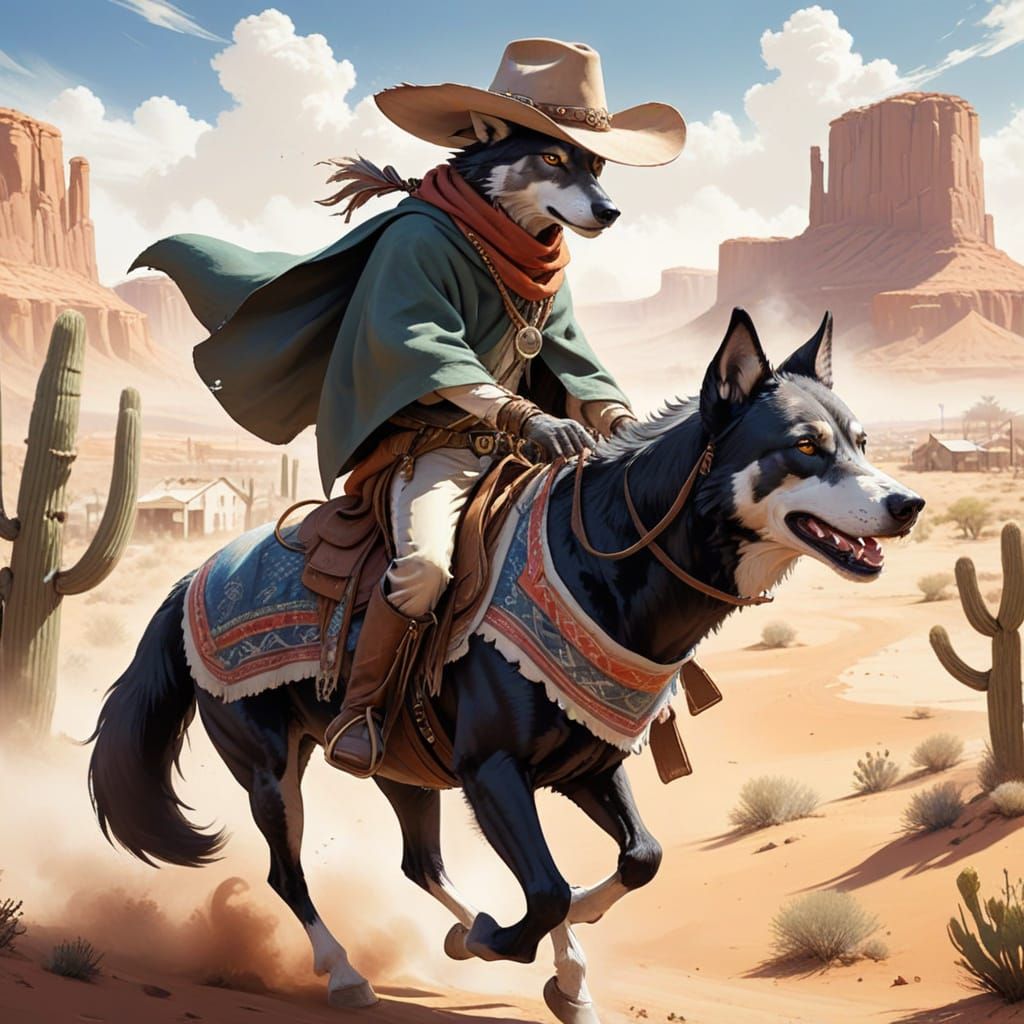 Wolf Cowboy Rides Through Desert Town