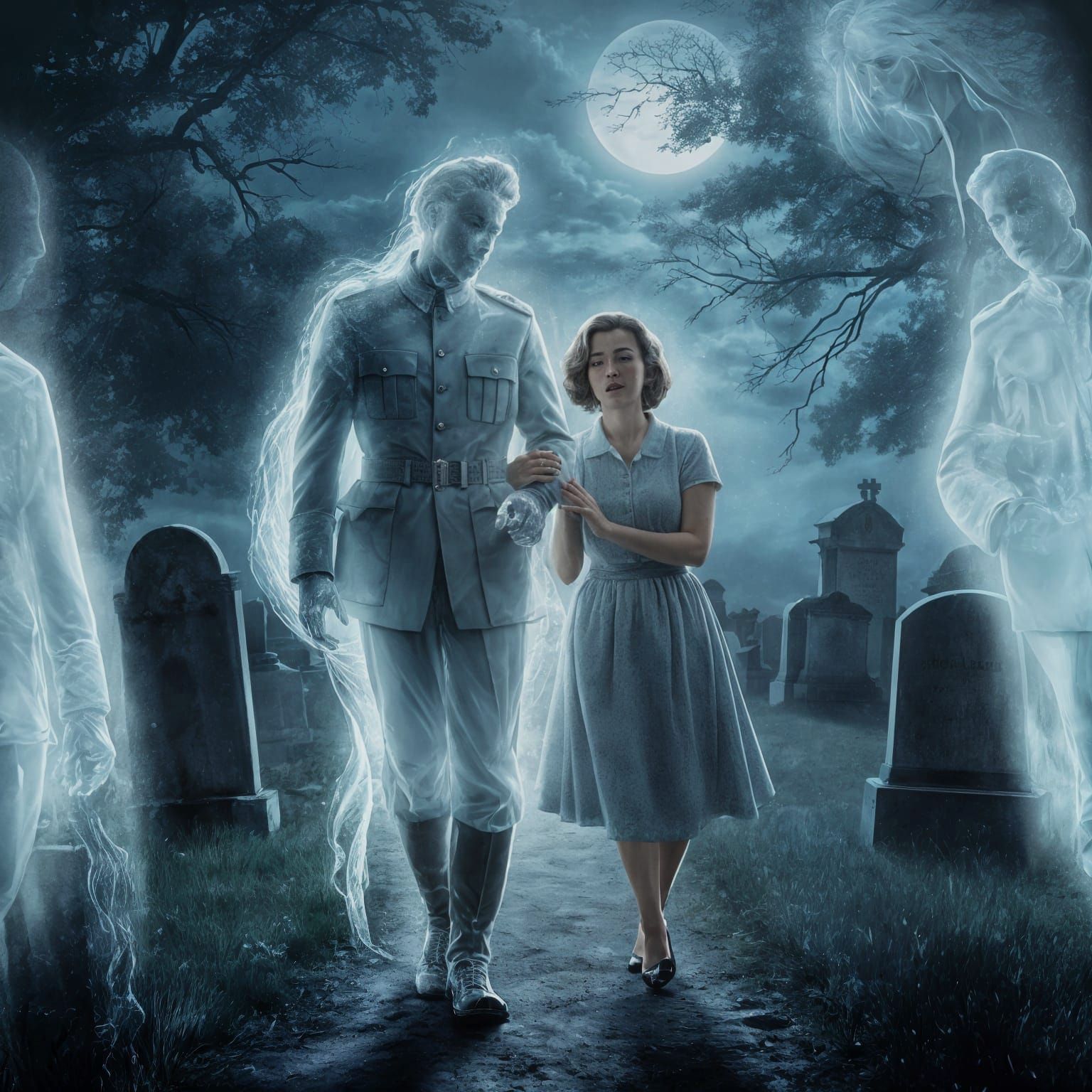 Ethereal Soldier and Woman in Graveyard Scene