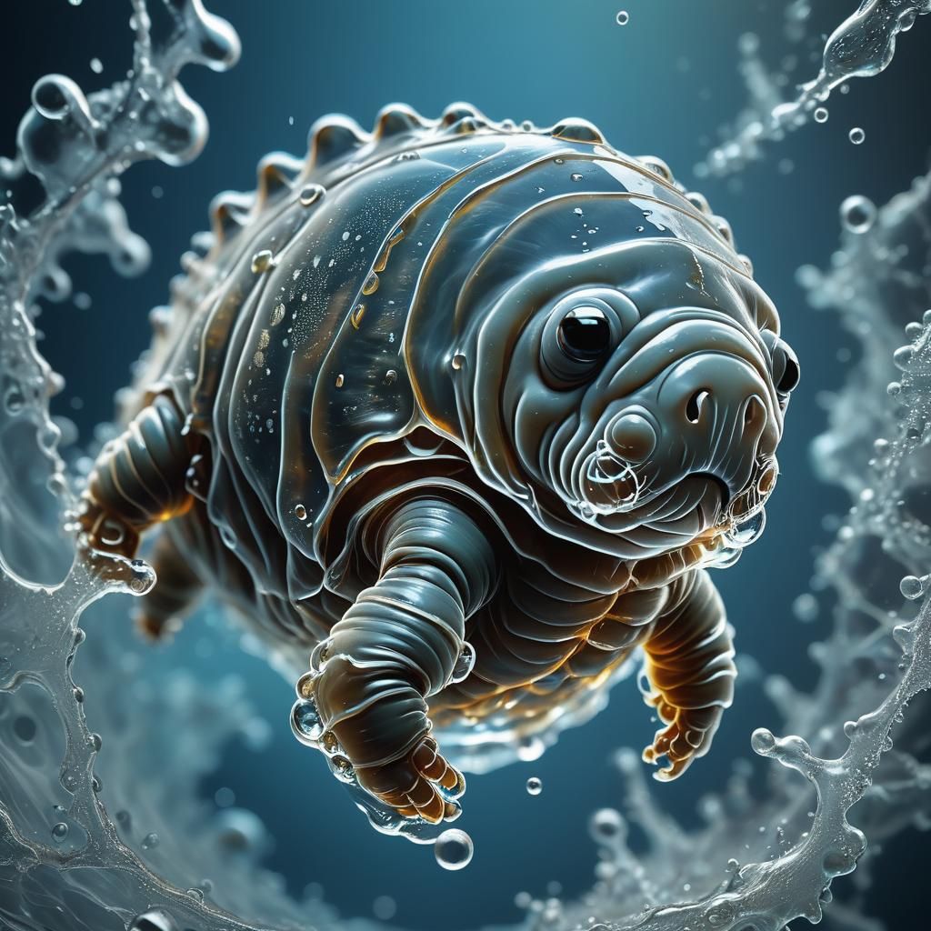 Detailed Tardigrade Swimming in Water Droplet