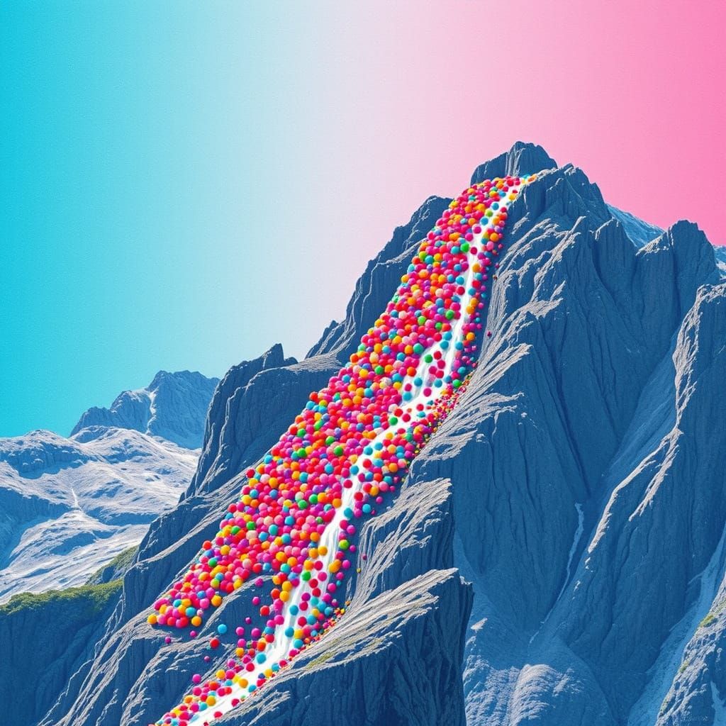 Colorful Waterfall on Mountain in Takashi Murakami Style