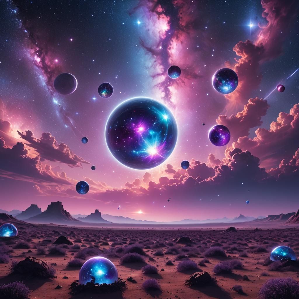 Celestial Crystal Orbs in Mystical Cosmic Vista