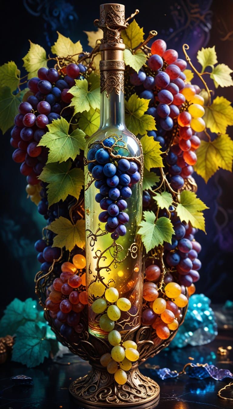 Surreal Fantasy Landscape with Grapes and Vines in Opulent S...