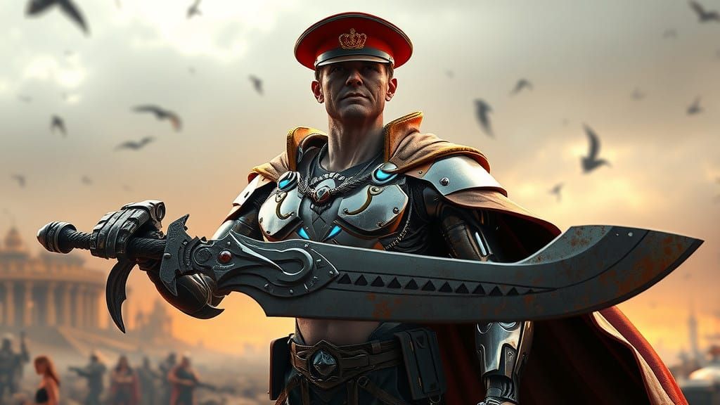 Cybernetic Warrior Stands Tall in Futuristic Battle Scars