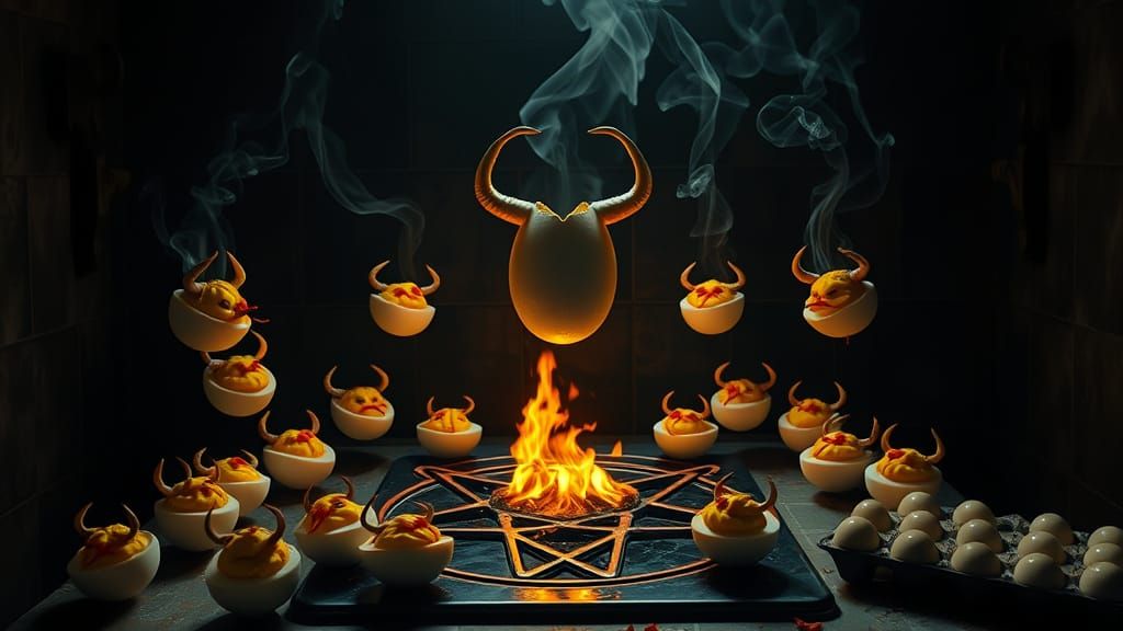 Infernal Deviled Eggs Ritual: A Dark Kitchen Scene