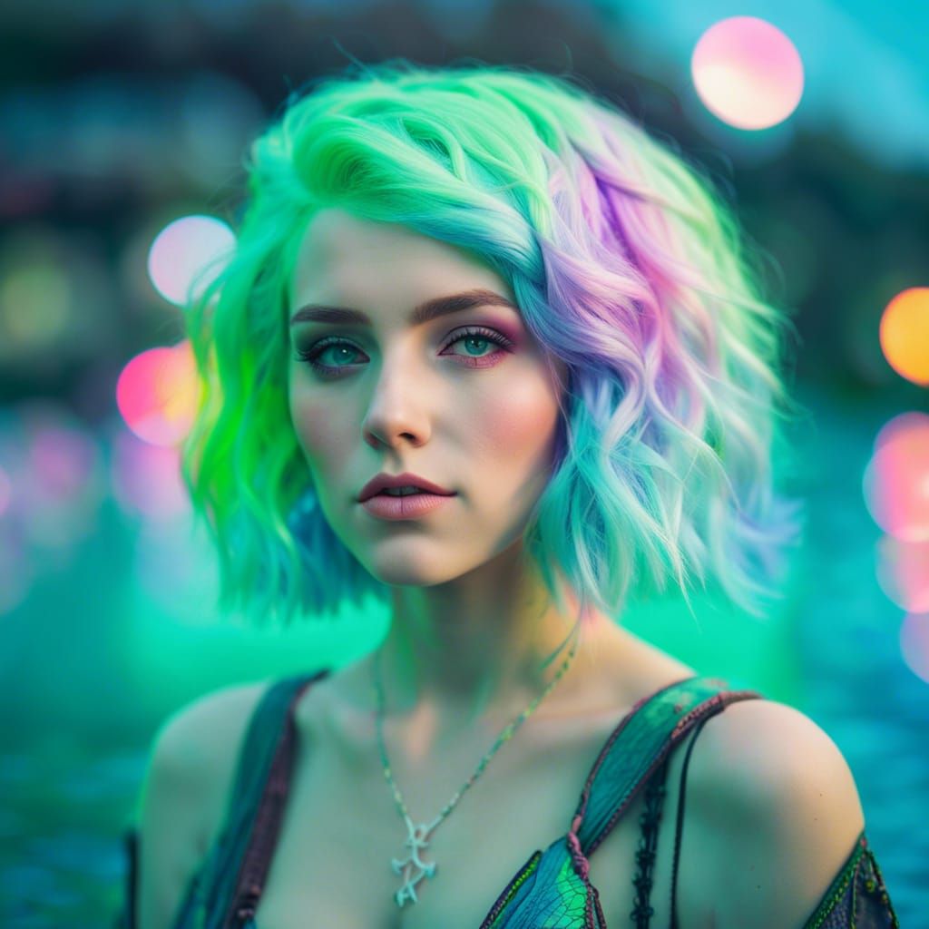 Detailed Water Mage with Rainbow Hair, Digital Art