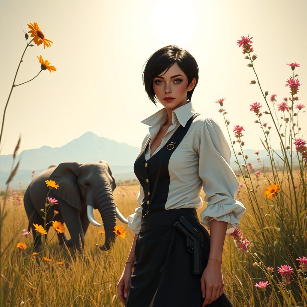 Confident Female Smuggler in Serene Grassland Landscape