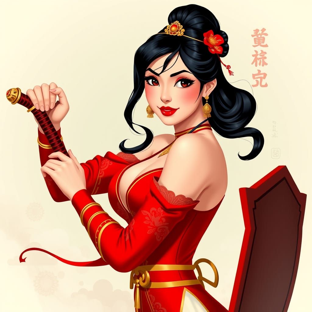 Seductive Mulan in 1940s-Inspired Pin-Up Style