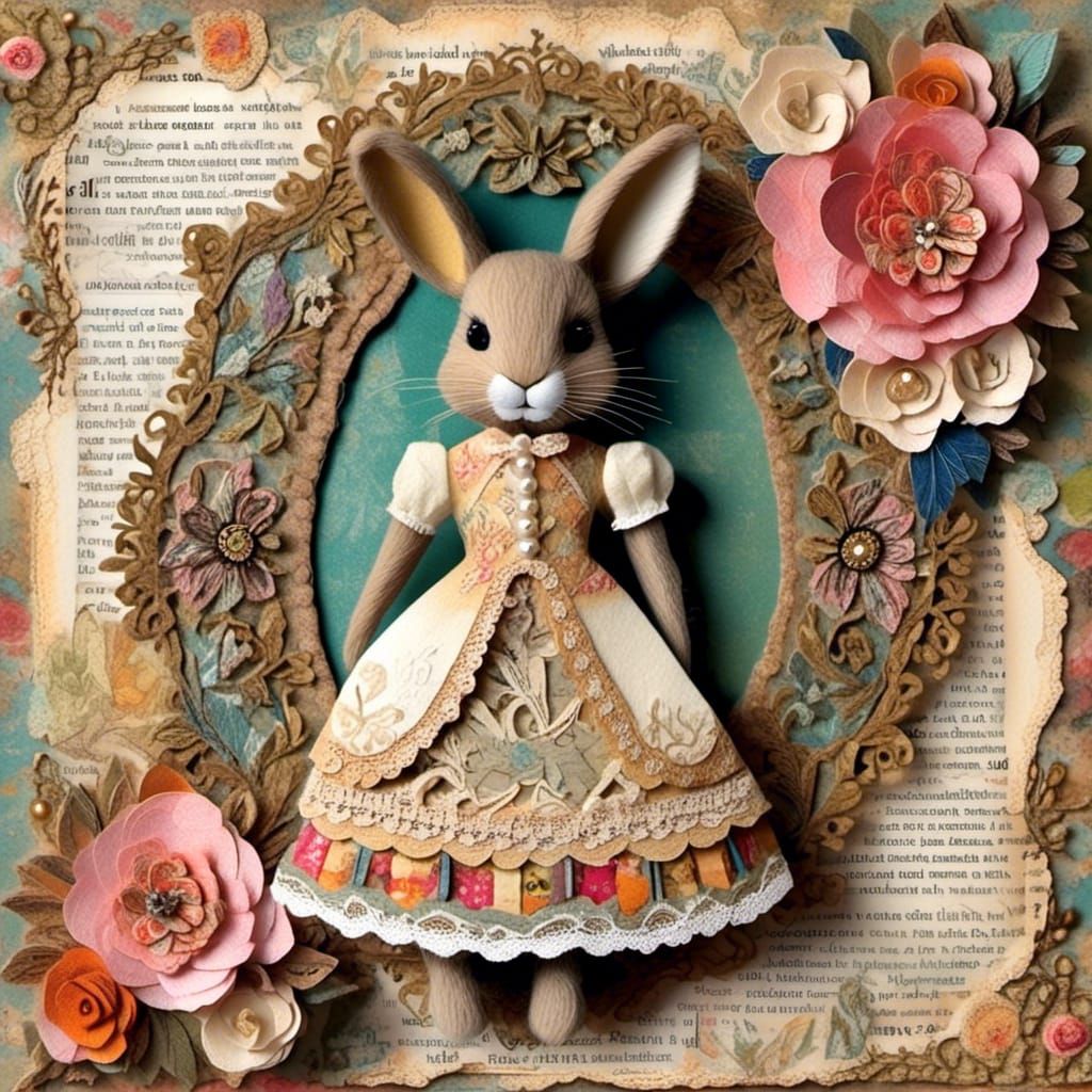 Victorian Felt Rabbit Collage in Mixed Media Style