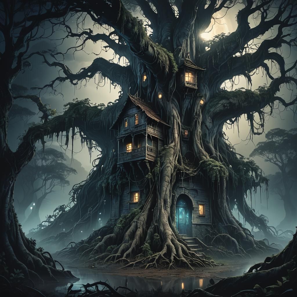 Eerie Haunted House with Balete Tree in Dark Fantasy Style