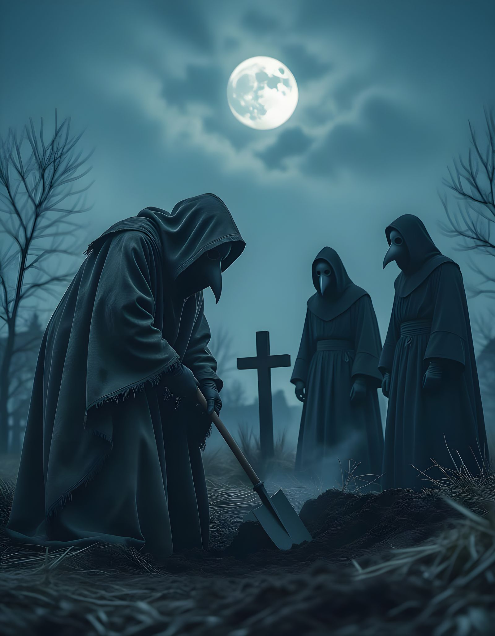 Sinister Plague Doctors in Desolate Night Scene