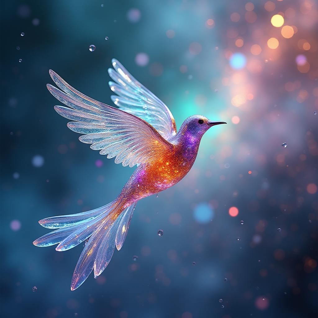Crystalline Glass Bird in Flight: Fantasy Landscape