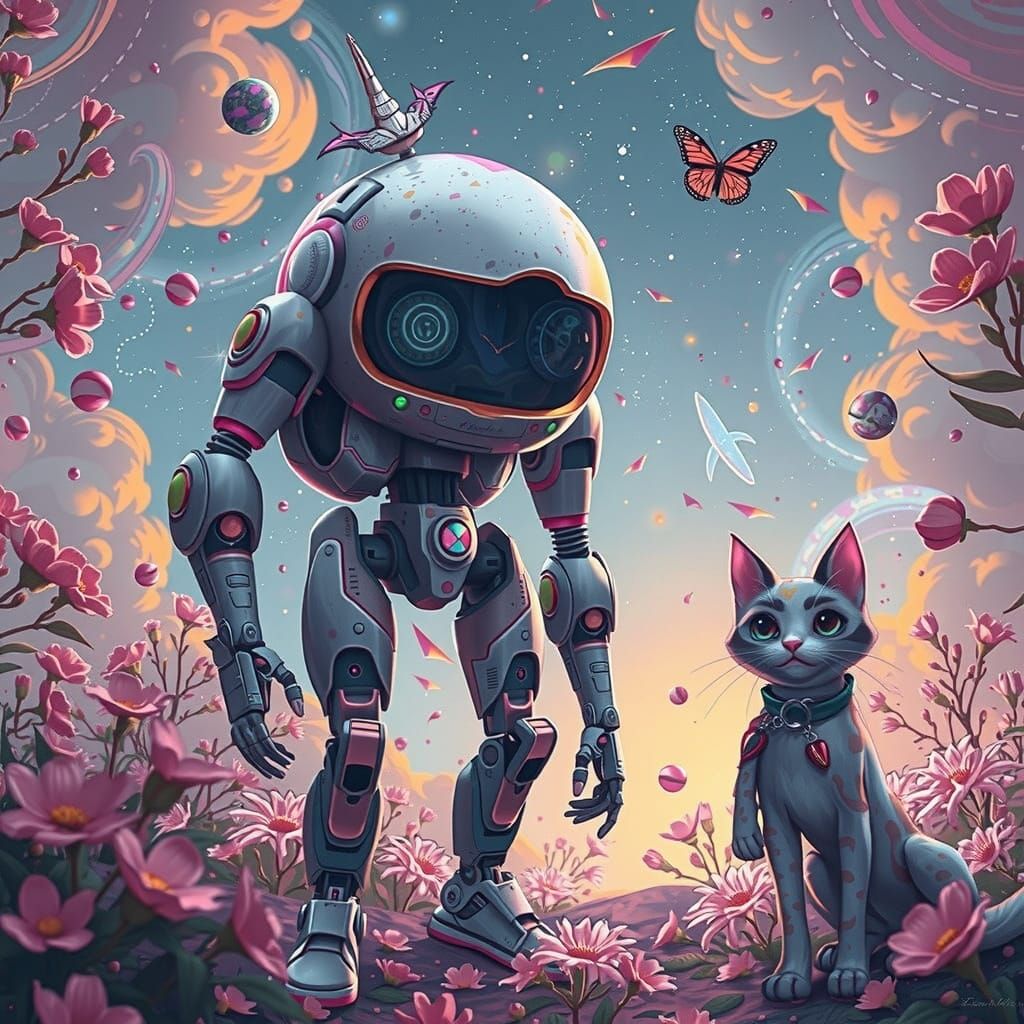 Robot and Kitty in Cosmic Summer Blooms, Mannerist Aesthetic
