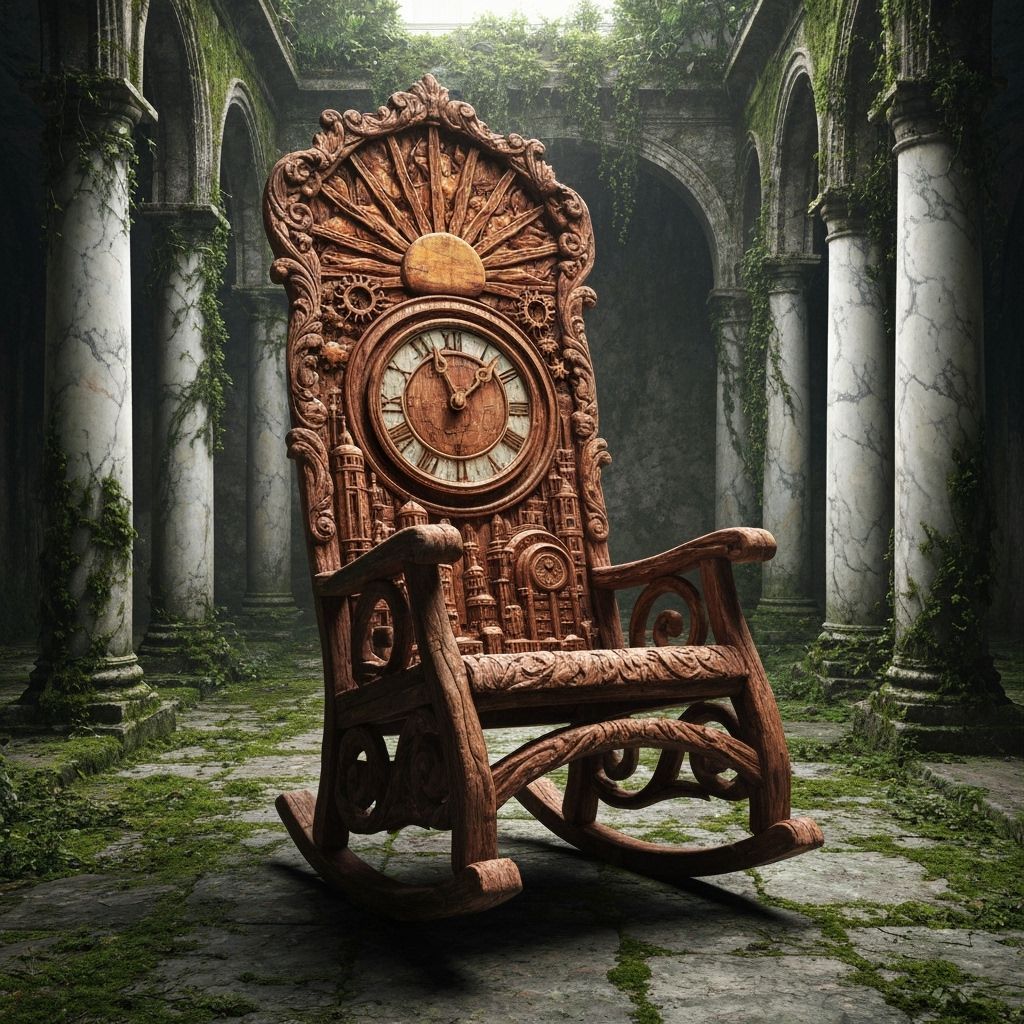 Steampunk City Carved on Wooden Rocking Chair as Impasto Pai...